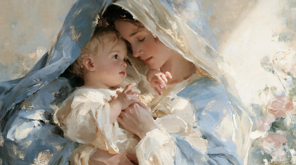 the Virgin Mary and the Child Jesus together in Impressionist style, landscape Christian artwork no. 15