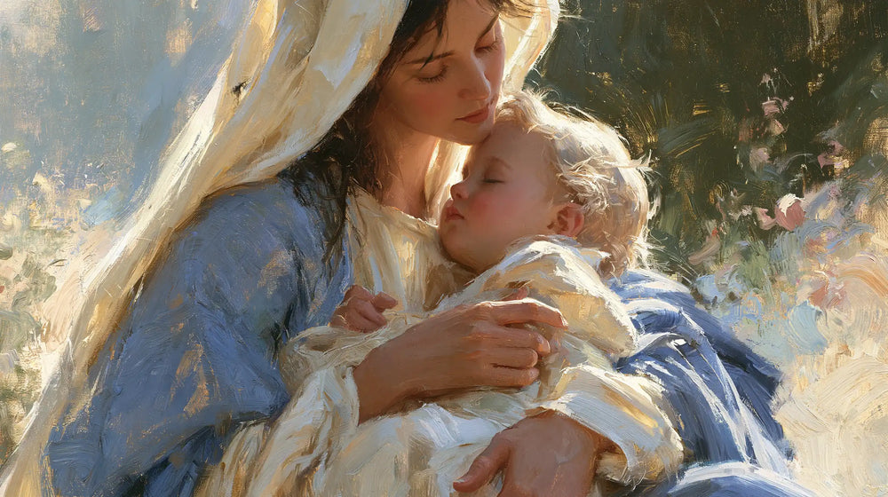 the Virgin Mary and the Child Jesus together in Impressionist style, landscape Christian artwork no. 19