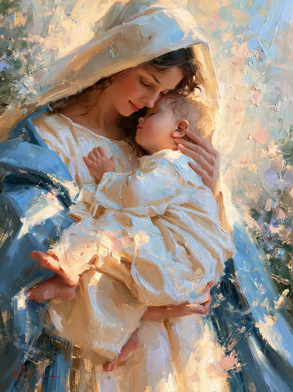 the Virgin Mary and the Child Jesus together in Impressionist style, portrait Christian artwork no. 12