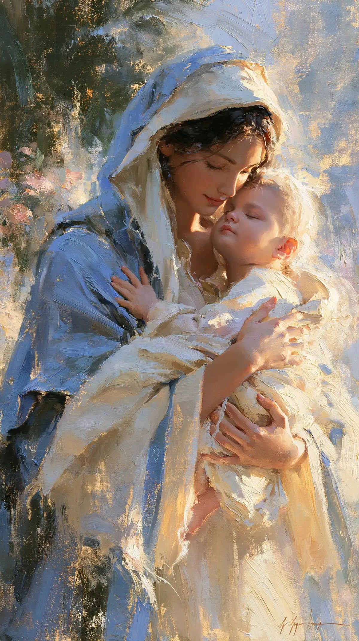 the Virgin Mary and the Child Jesus together in Impressionist style, portrait Christian artwork no. 23