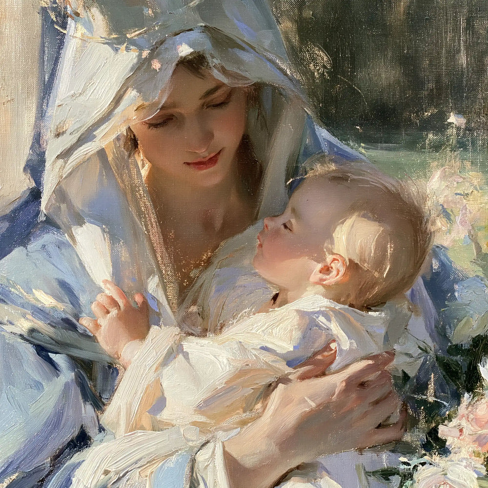 the Virgin Mary and the Child Jesus together in Impressionist style, square Christian artwork no. 2
