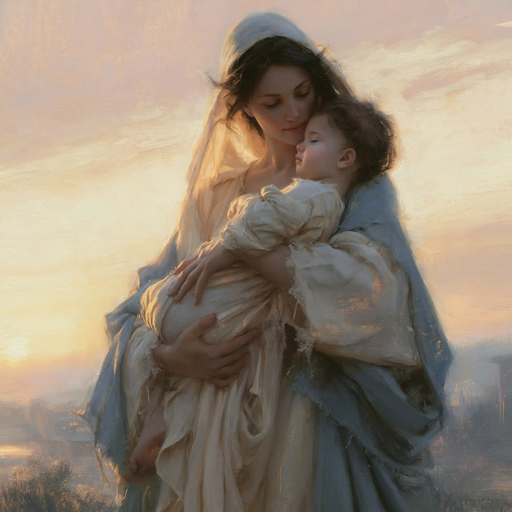the Virgin Mary and the Child Jesus at dawn in Mary and Jesus at Dawn style, square Christian artwork no. 5