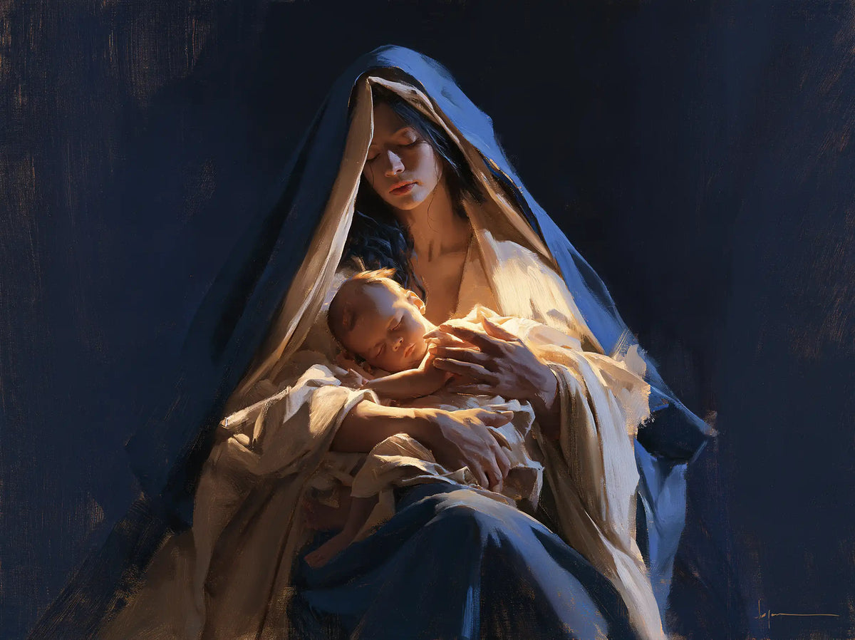 the Virgin Mary and the Child Jesus in Midnight Blue Chiaroscuro style, landscape Christian artwork no. 6