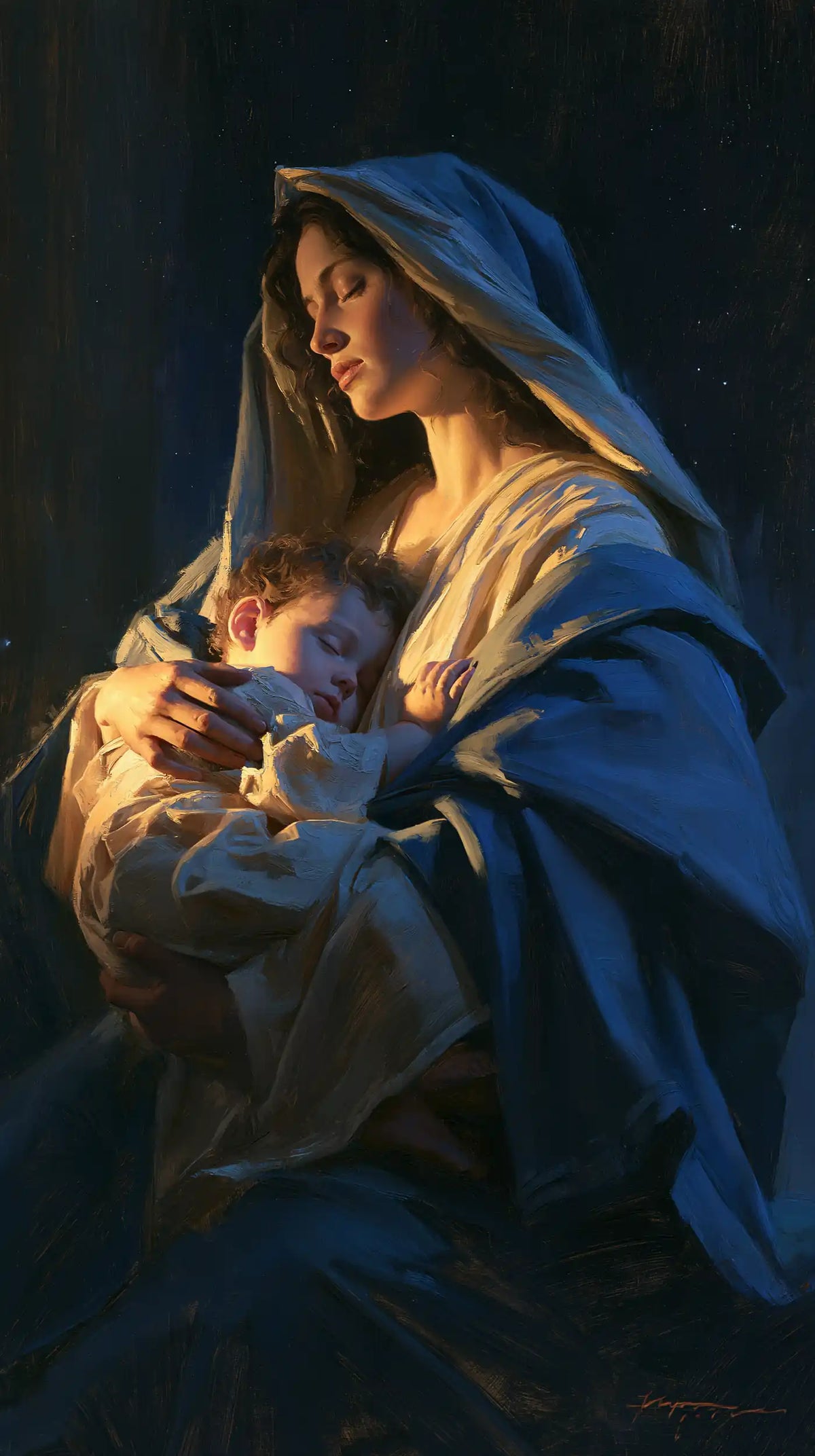 The Virgin and Child — The Vigil in Profile Against Silent Blue