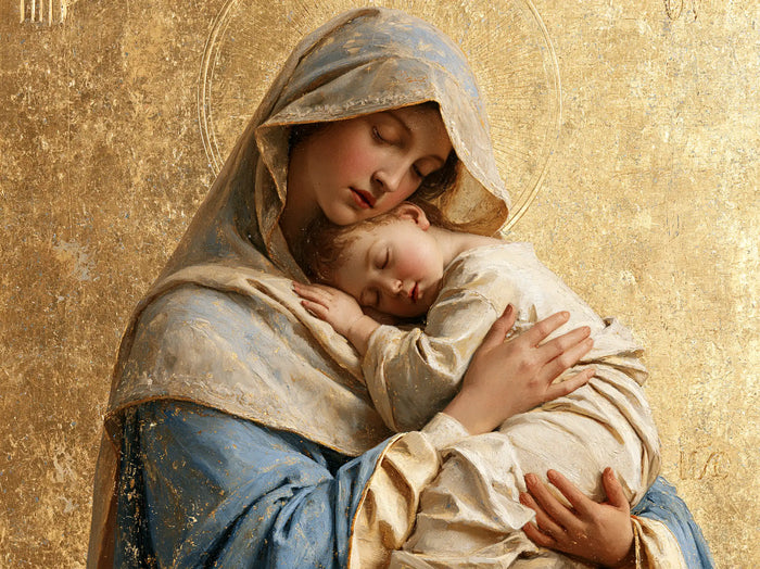 The Virgin and Child — A Peaceful Cheek Beneath the Engraved Circle