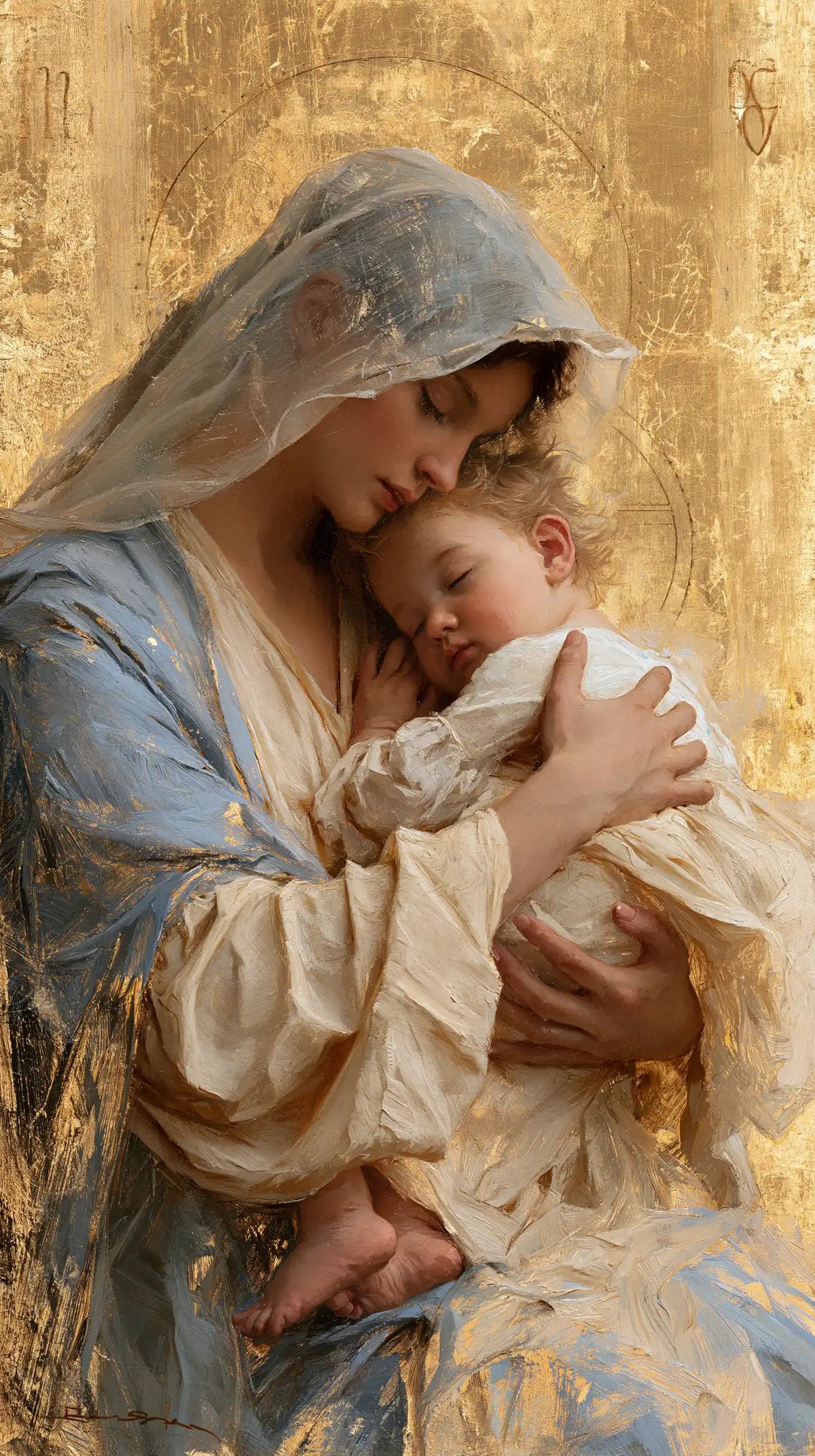 the Virgin Mary with the Child Jesus in Sacred Gold style, portrait Christian artwork no. 7