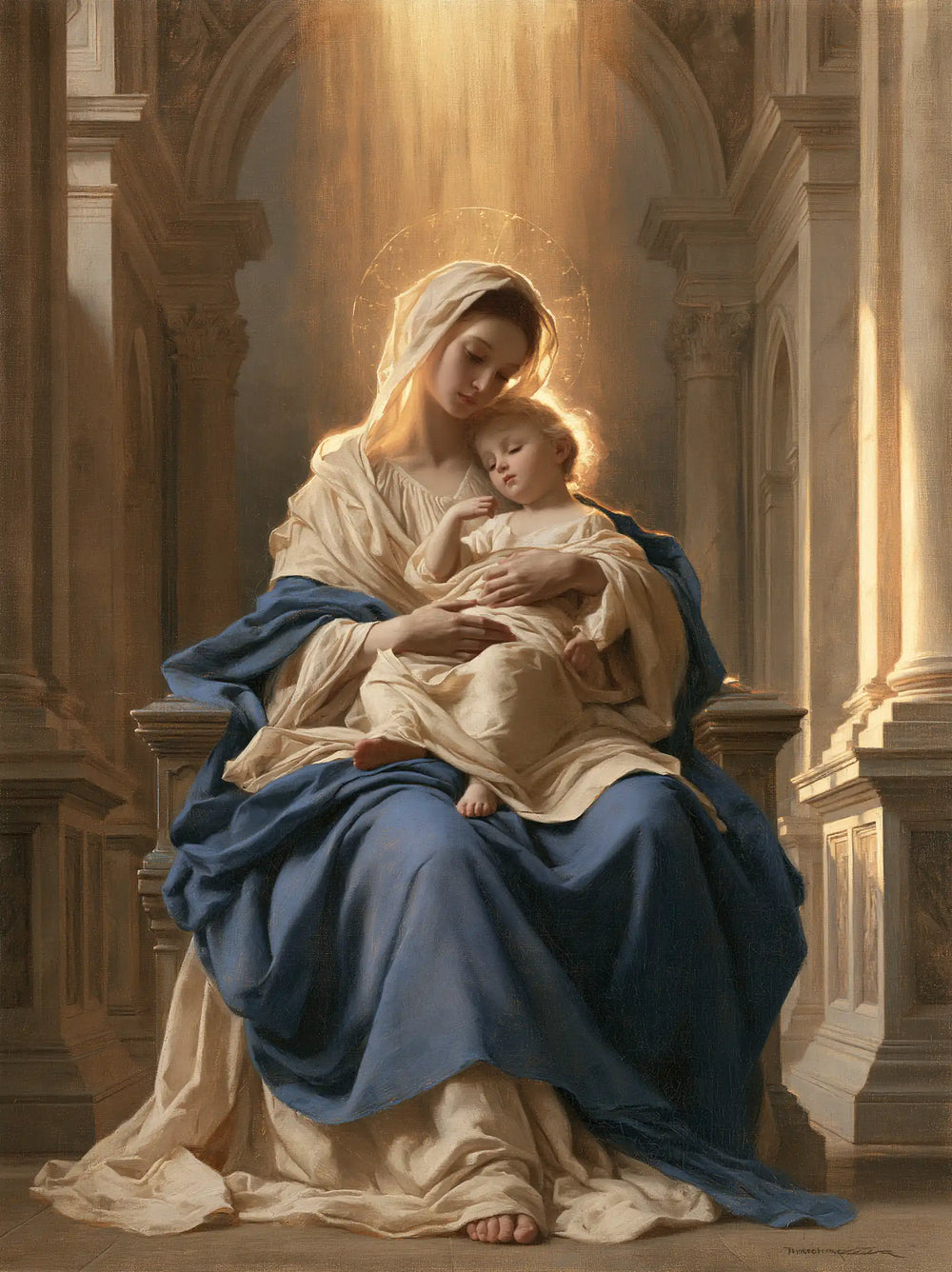 the Virgin Mary and the Child Jesus in a majestic composition in Sacred Monumental View style, portrait Christian artwork no. 30