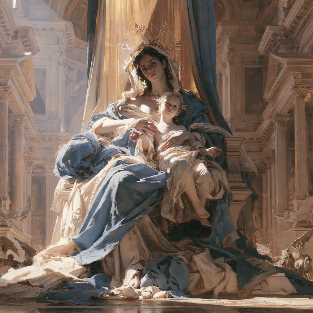 the Virgin Mary and the Child Jesus in a majestic composition in Sacred Monumental View style, square Christian artwork no. 2