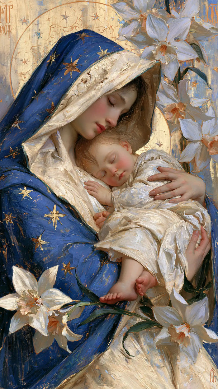 The Virgin and Child — Royal Blue in the Pale Lily Garden