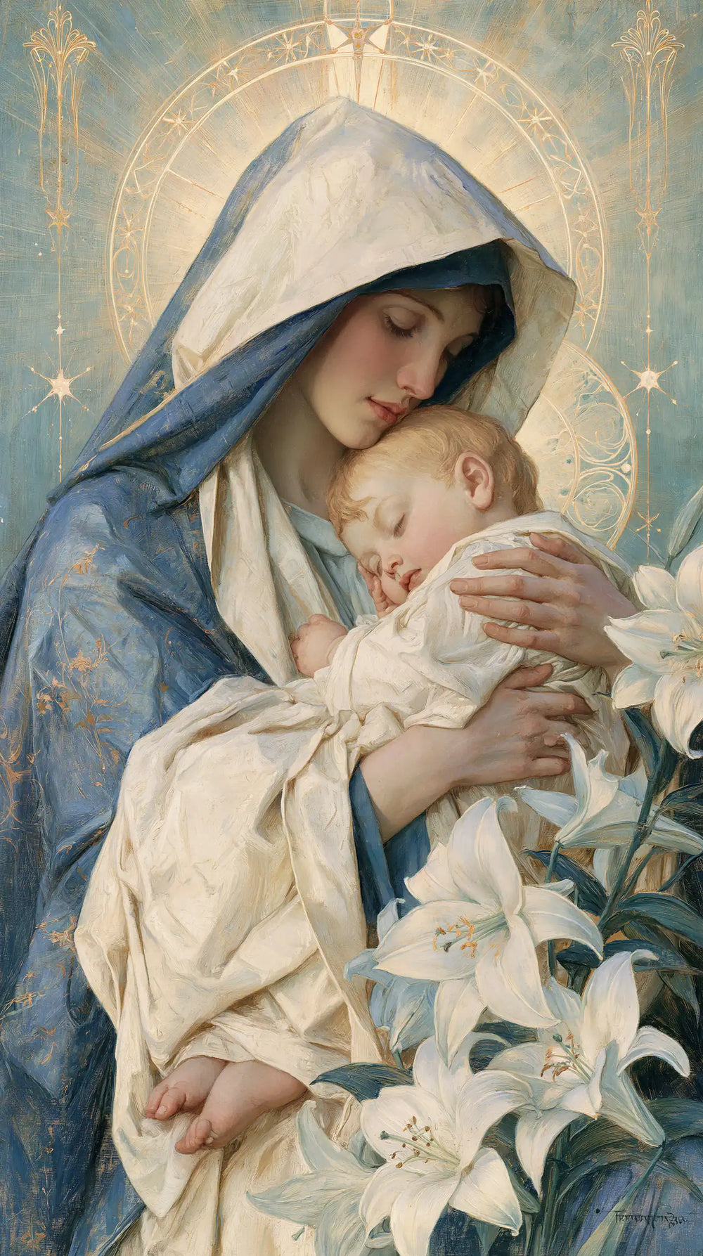 the Virgin Mary and the Child Jesus in Symbolist style, portrait Christian artwork no. 14