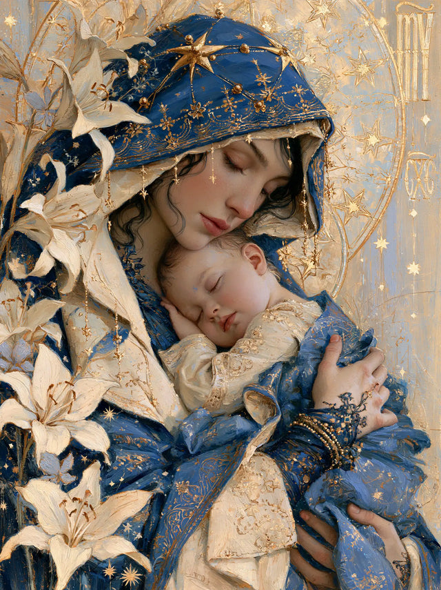 The Virgin and Child — The Embrace Beneath the Sun-Strewn Veil