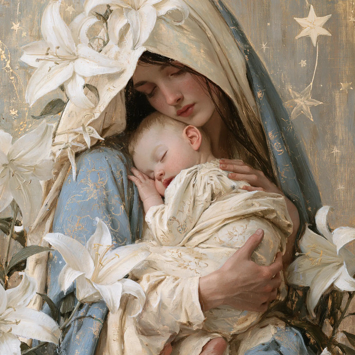 the Virgin Mary and the Child Jesus in Symbolist style, square Christian artwork no. 1