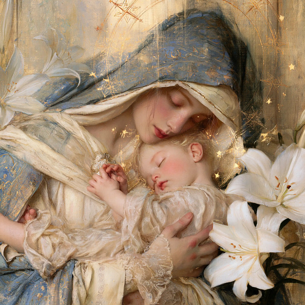 the Virgin Mary and the Child Jesus in Symbolist style, square Christian artwork no. 7
