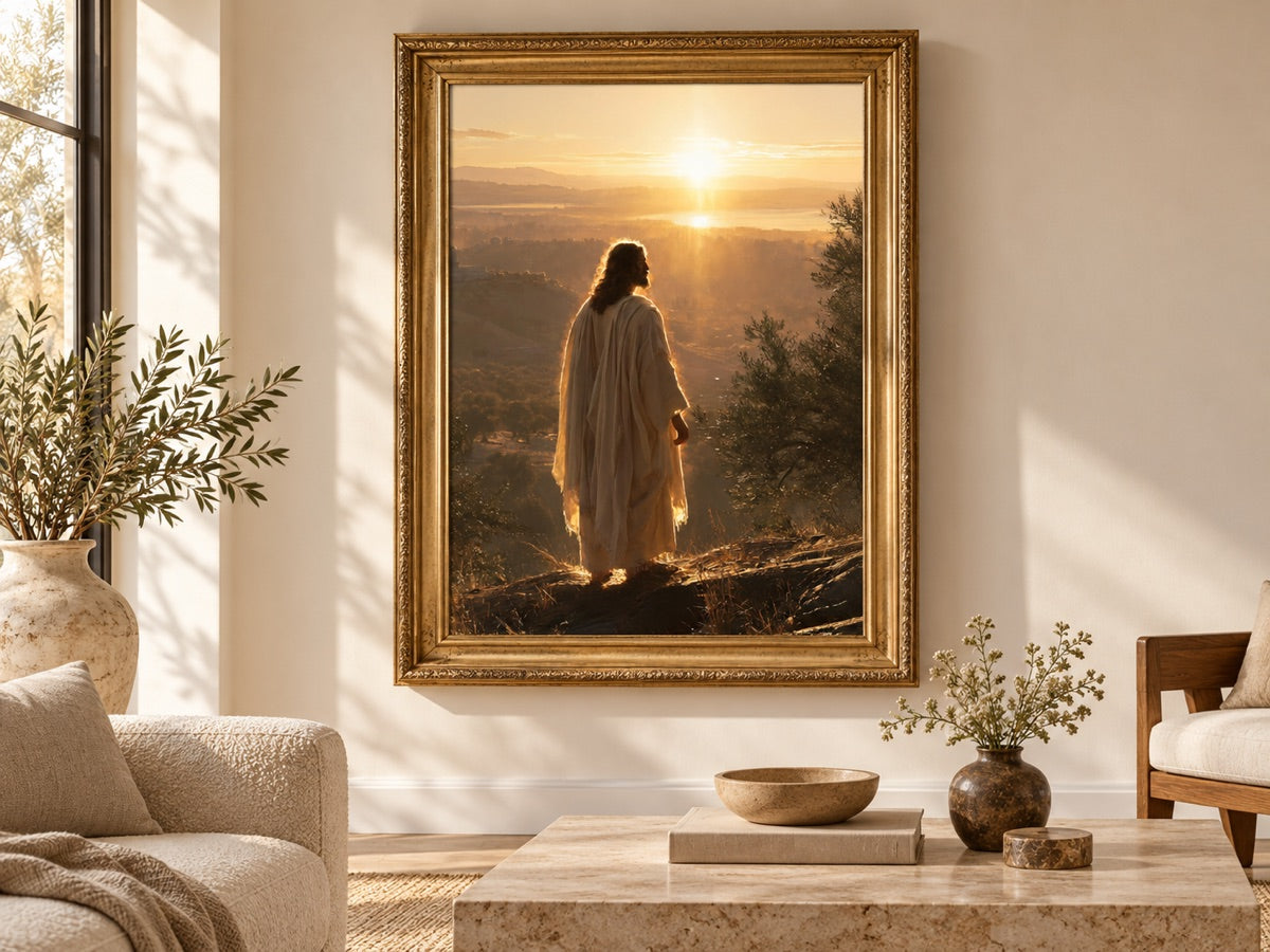 Jesus at Sunset - Sacred Silence — gold framed interior mockup